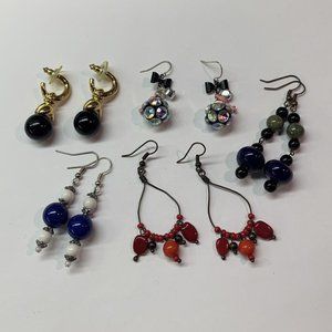 Lot Of 5 Colorful Beaded Costume Earrings Pierced Dangle Black Blue Red Etc